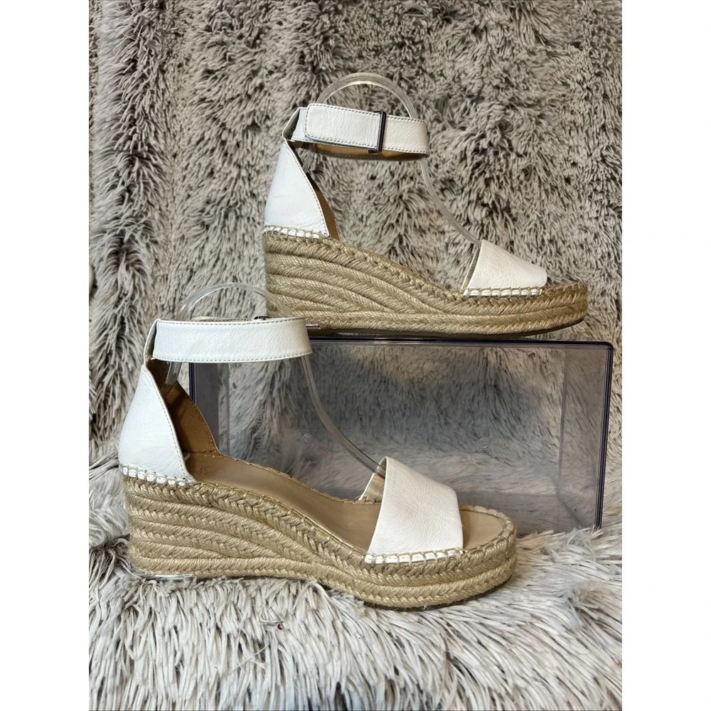 Franco Sarto Clemens White‎ Leather Platform Espadrille Wedge Sandals Size 8.5M